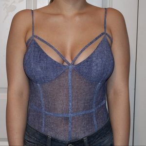 Strappy Denim Look Mesh Bodysuit